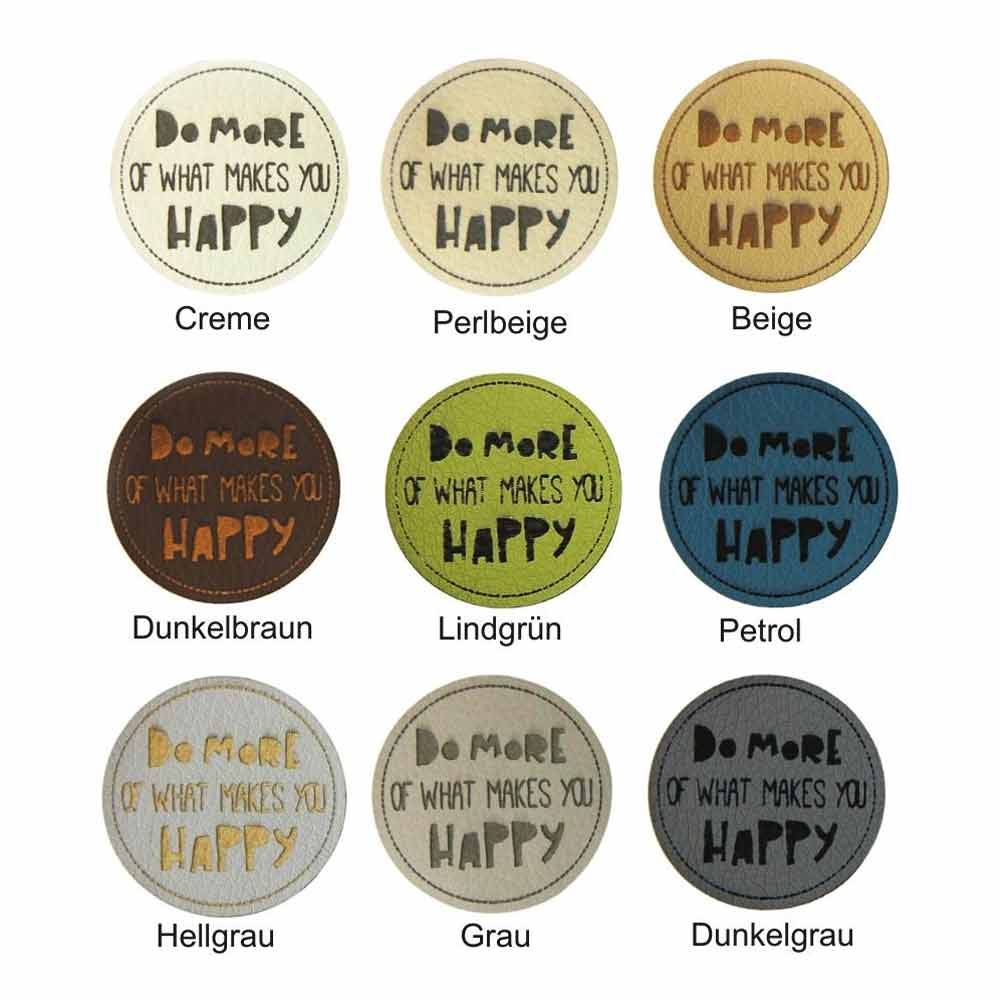 Leather labels, with the inscription "DO MORE OF WHAT MAKES YOU HAPPY"