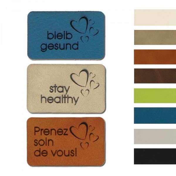 Synthetic leather labels, with the inscription "stay healthy"