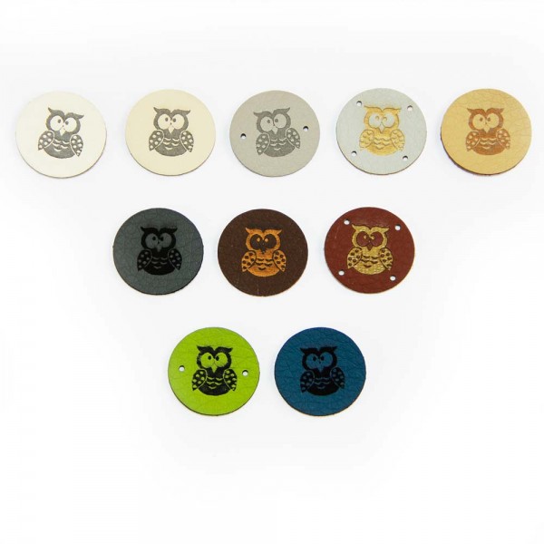 Artificial leather labels "owl" - round